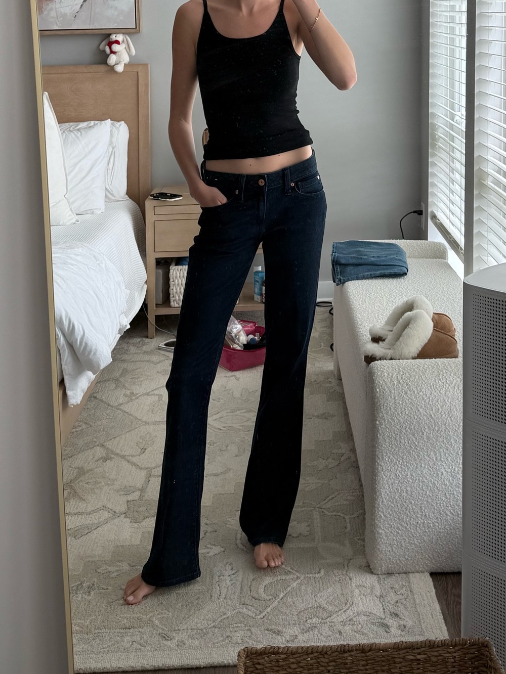 Dark wash, long inseam, women’s skinny flare jeans